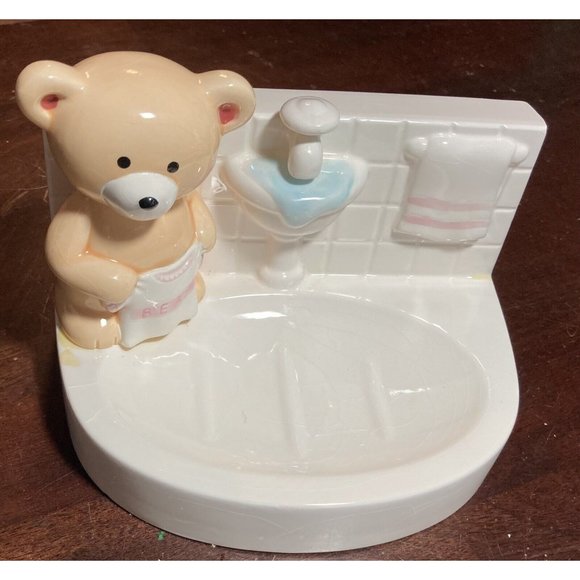 Vintage 1984 Enesco Teddy Bear Sink Soap Dish Taiwan 7”W x 5”D x 5”H. - Picture 2 of 6